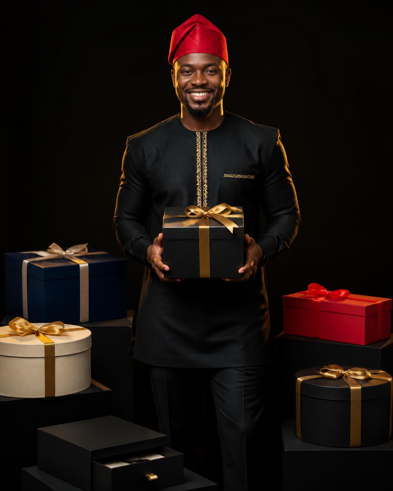 Happy African man holding a black luxury gift box, surrounded by premium boxes
